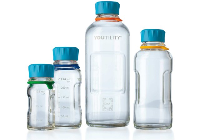 Laborflasche mit ergonomisch gestalteten Griffmulden und Schraubdeckel sorgt für optimalen Grip. Farbige, austauschbare Ringe für Individualisierung und Personalisierung.||